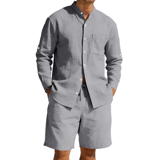 Herren nan sommerliches Leinen-Set mit Stehkragenhemd und Kordelzug-Kurzhose R&B