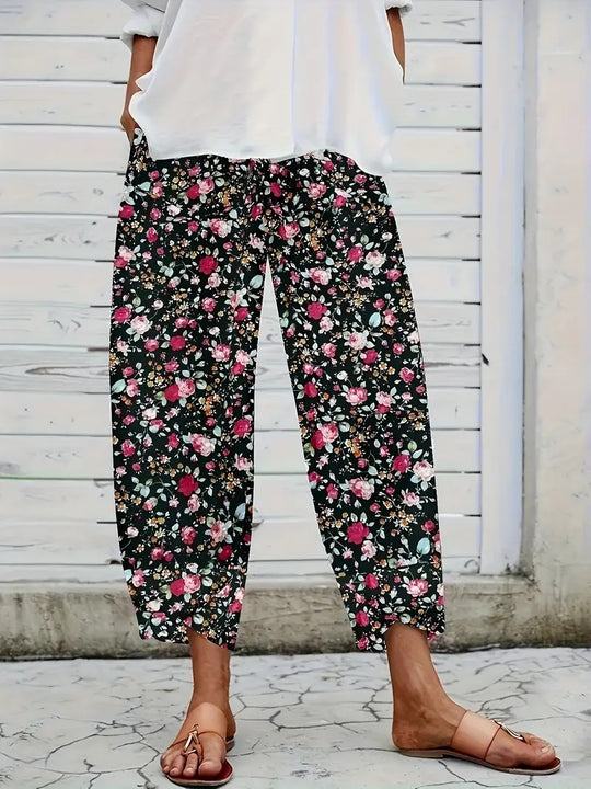 Damen lässige weite Stoffhose mit floralem Muster und elastischem Bund R&B