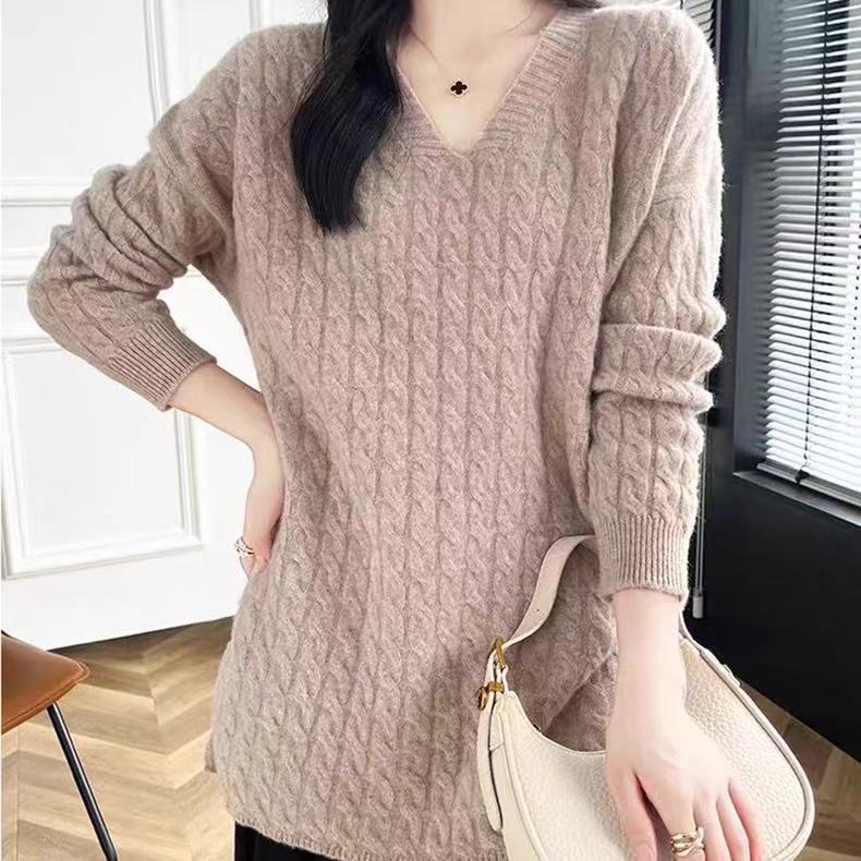 Damen Grobstrickpullover mit V-Ausschnitt und lässigem Schnitt R&B
