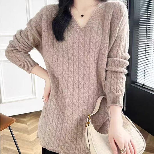 Damen Grobstrickpullover mit V-Ausschnitt und lässigem Schnitt R&B