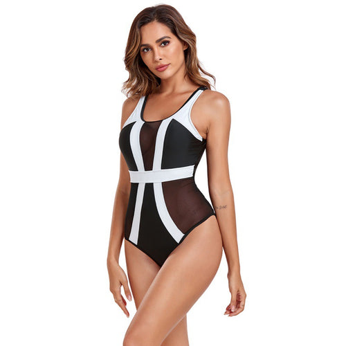 Damen Einteiliger Badeanzug mit modischen Mesh-Einsätzen und sportlichem Design R&B