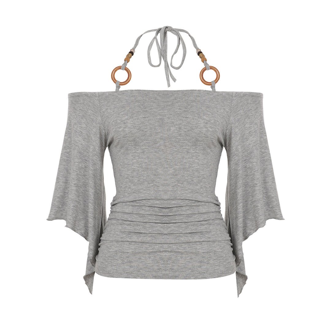 Damen Off-Shoulder Oberteil mit voluminösen Ärmeln und dekorativen Bindedetails R&B