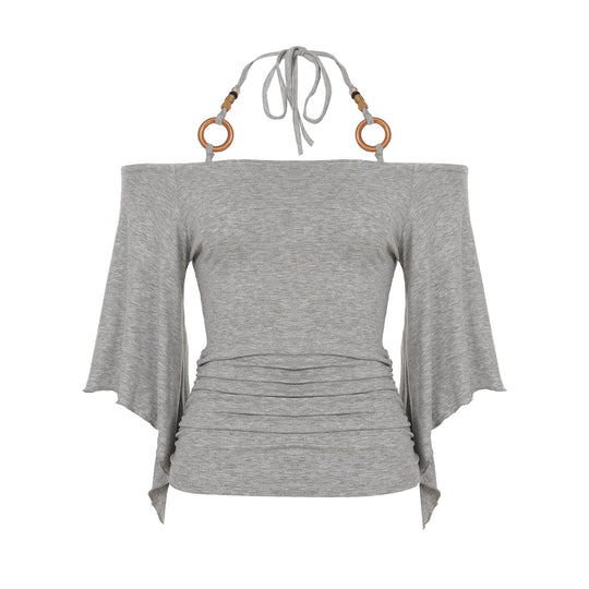 Damen Off-Shoulder Oberteil mit voluminösen Ärmeln und dekorativen Bindedetails R&B