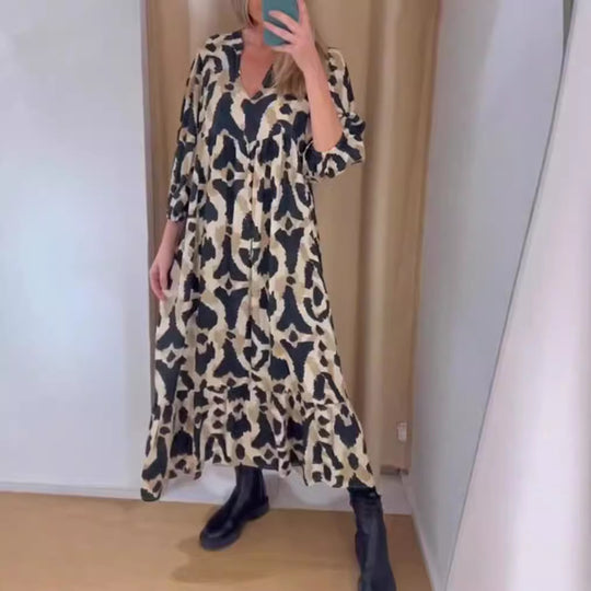 Damen nan weites Stufenmaxikleid mit V-Ausschnitt geraffter Brustpasse und Dreiviertelärmeln R&B