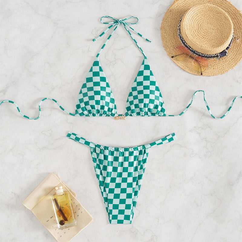 Damen Triangel-Bikini mit modernem Karodesign und verstellbaren Bändern R&B