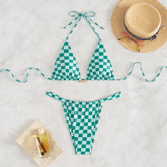 Damen Triangel-Bikini mit modernem Karodesign und verstellbaren Bändern R&B