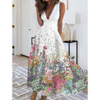 Damen Maxikleid mit tiefem V-Ausschnitt und floralem Wasserfarben-Muster R&B