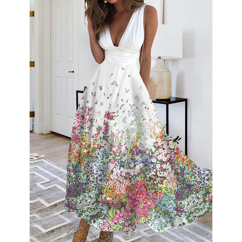 Damen Maxikleid mit tiefem V-Ausschnitt und floralem Wasserfarben-Muster R&B