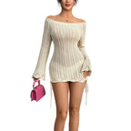 Damen Strickkleid im modernen Off-Shoulder Design mit weiten Ärmeln und Raffungen R&B