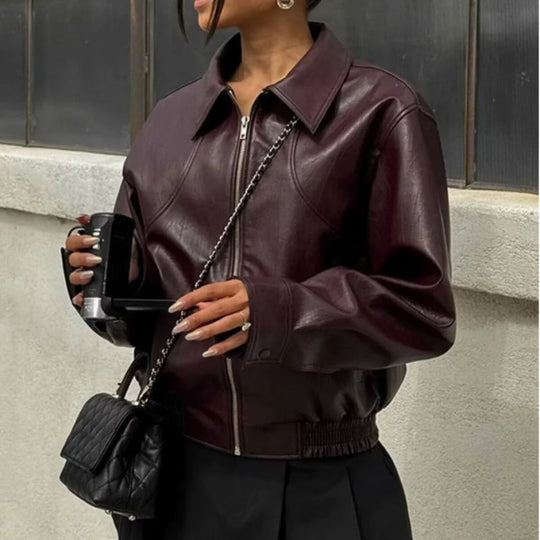 Damen Kunstlederjacke mit elastischem Bund und sportlichem Schnitt R&B