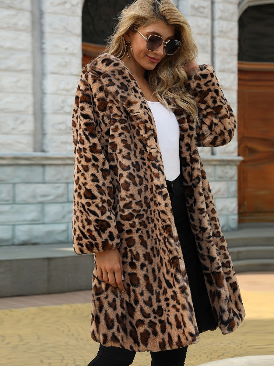 Damen Eleganter Leopardenmuster Mantel aus Kunstfell R&B