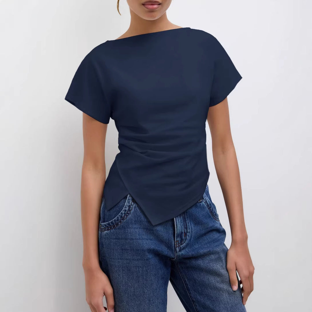 Damen Cropped T-Shirt mit asymmetrischem Schnitt und dekorativem Drapierungseffekt R&B