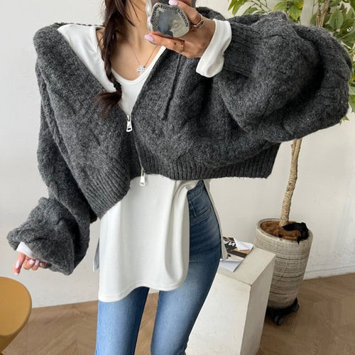 Damen Kurzer Strickpullover mit Zopfmuster und Kapuze R&B