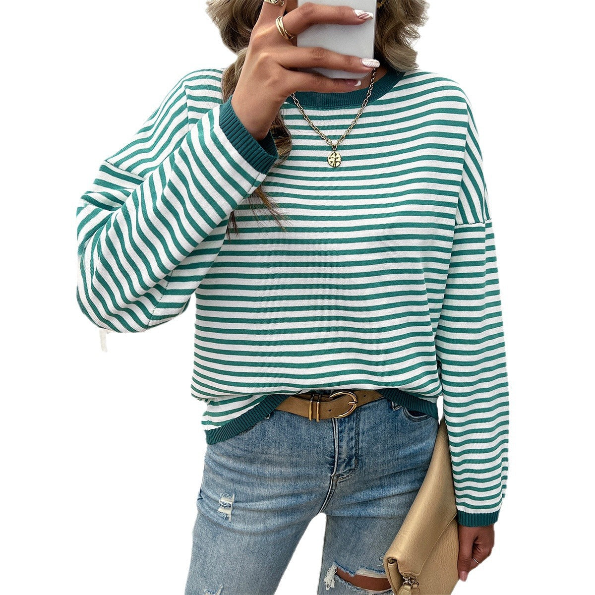 Damen Lässiger Streifenpullover mit Farbigen Akzenten R&B