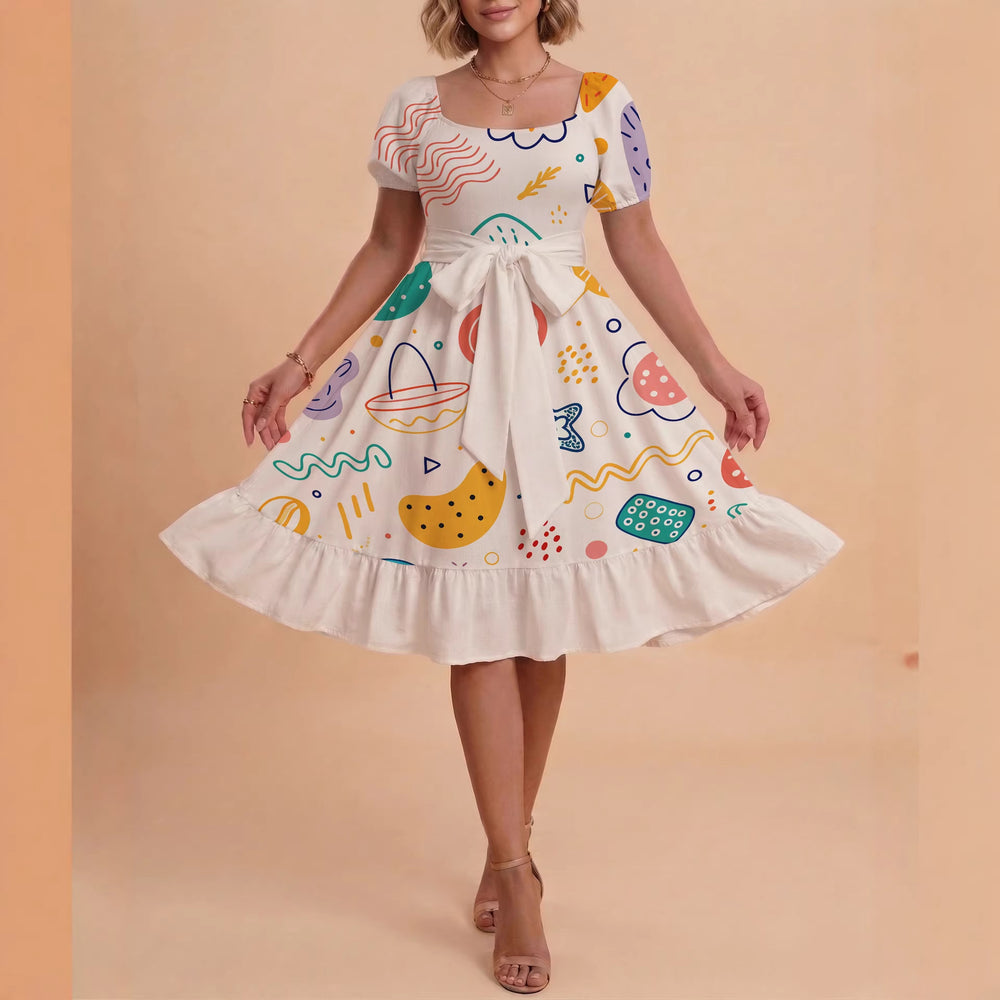 Damen Sommerkleid mit floralem Puffärmel und taillierbarem Gürtel R&B