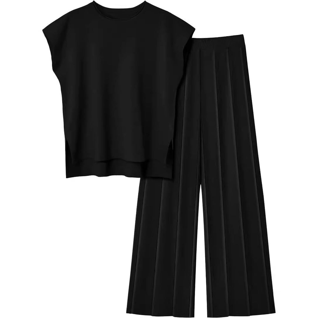 Damen elegantes Set mit kurzärmligem Oberteil und plissierter Hose R&B