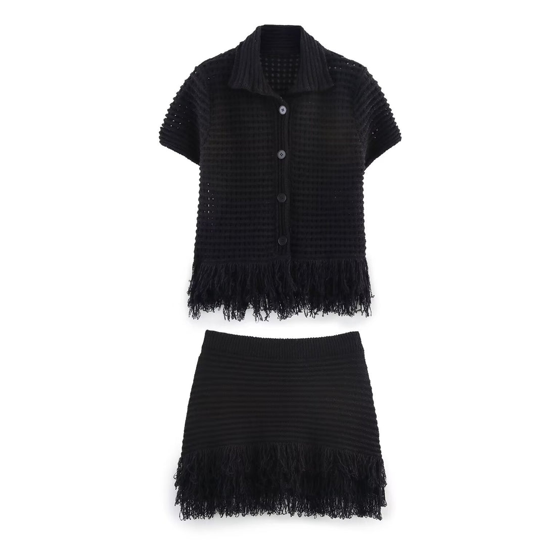 Damen Kurzarm-Strickjacke mit fransigem Saum und dekorativen Knöpfen R&B