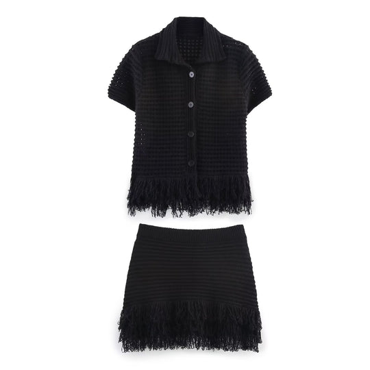 Damen Kurzarm-Strickjacke mit fransigem Saum und dekorativen Knöpfen R&B