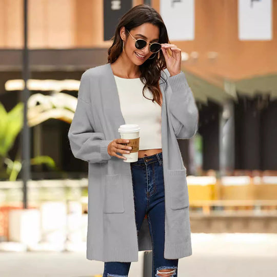 Damen Grobstrick-Kimono-Cardigan mit offenen Ärmeln und praktischen Taschen R&B