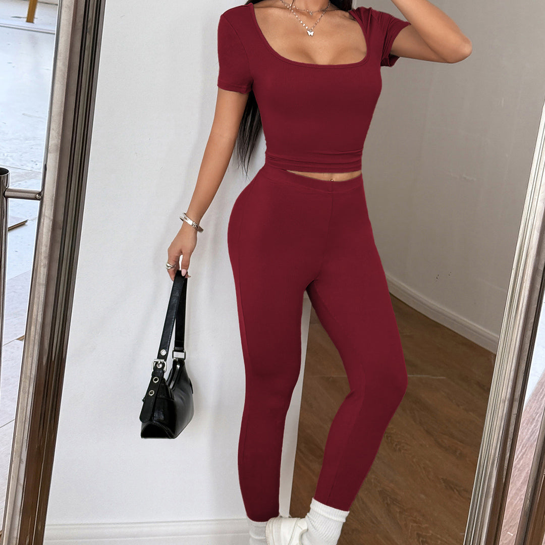 Damen Figurbetontes Sport-Set mit kurzärmligem Oberteil und hochgeschnittener Leggings R&B