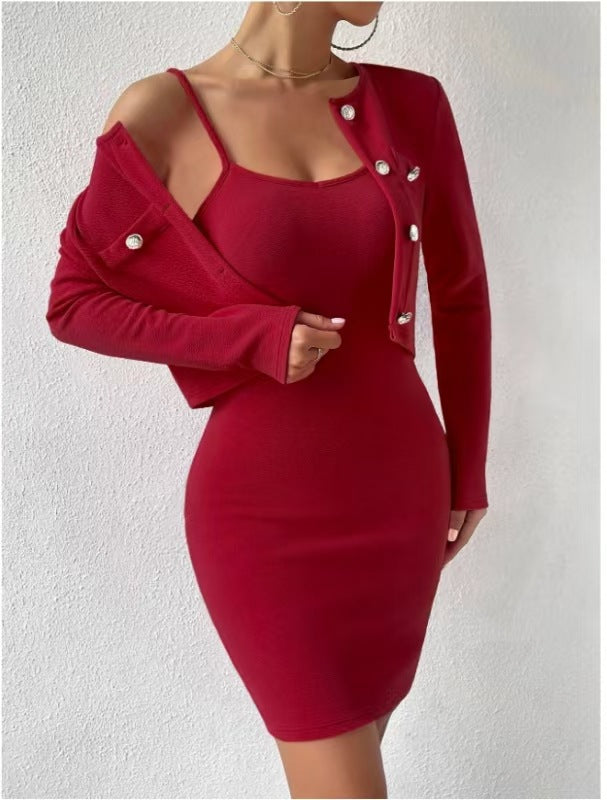Damen elegantes Jumpsuit-Set mit taillierter Jacke und schimmernden Knöpfen R&B
