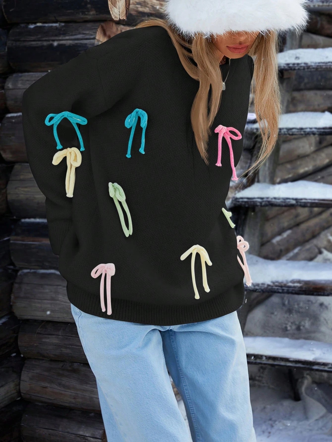 Damen kreative Strickpullover mit bunten Applikationen R&B