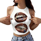 Damen Tanktop mit künstlerischem Lippenmotiv und figurbetontem Schnitt R&B