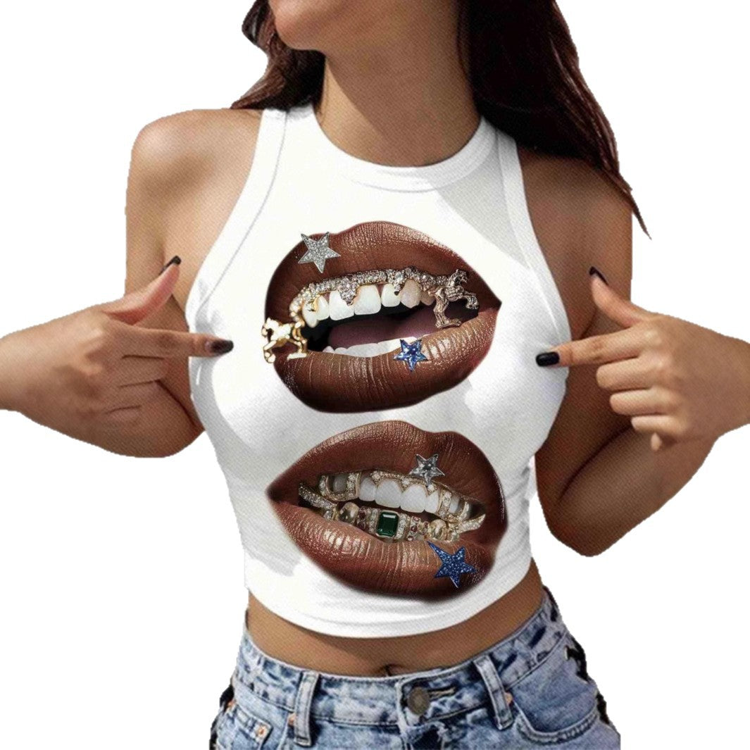Damen Tanktop mit künstlerischem Lippenmotiv und figurbetontem Schnitt R&B