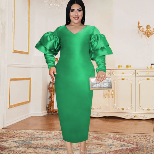 Damen Langarmkleid mit voluminösen Puffärmeln und V-Ausschnitt R&B
