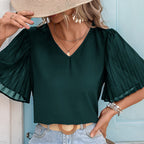 Damen Bluse mit Eleganten Schulterfreien Puffärmeln und V-Ausschnitt R&B