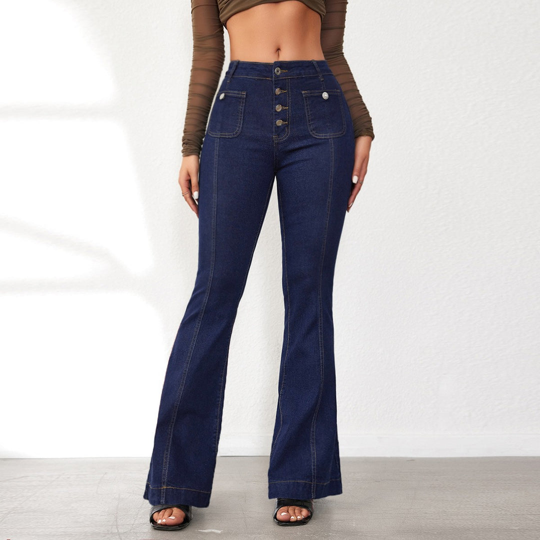 Damen Flared Jeans mit hohem Schnitt und eleganten Knopfdetails R&B