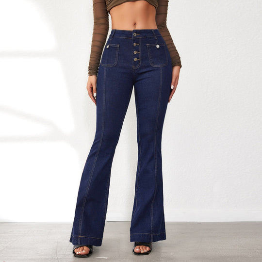Damen Flared Jeans mit hohem Schnitt und eleganten Knopfdetails R&B