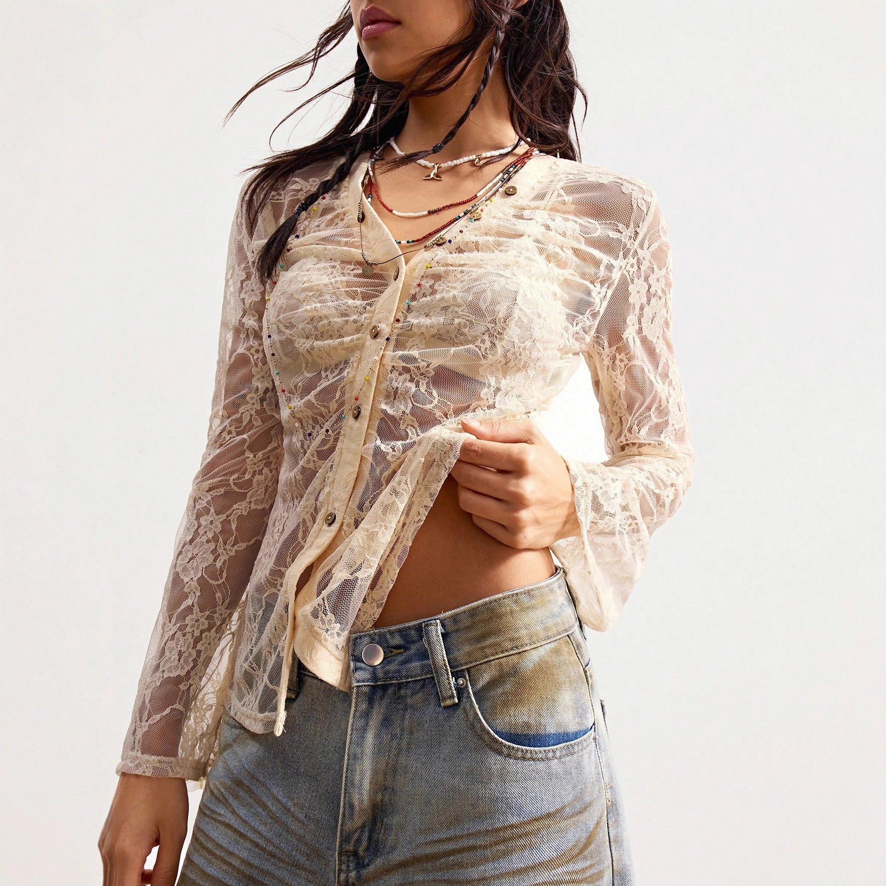 Damen nan zarte Spitzen-Cardigan mit taillierter Silhouette und Knopfleiste R&B