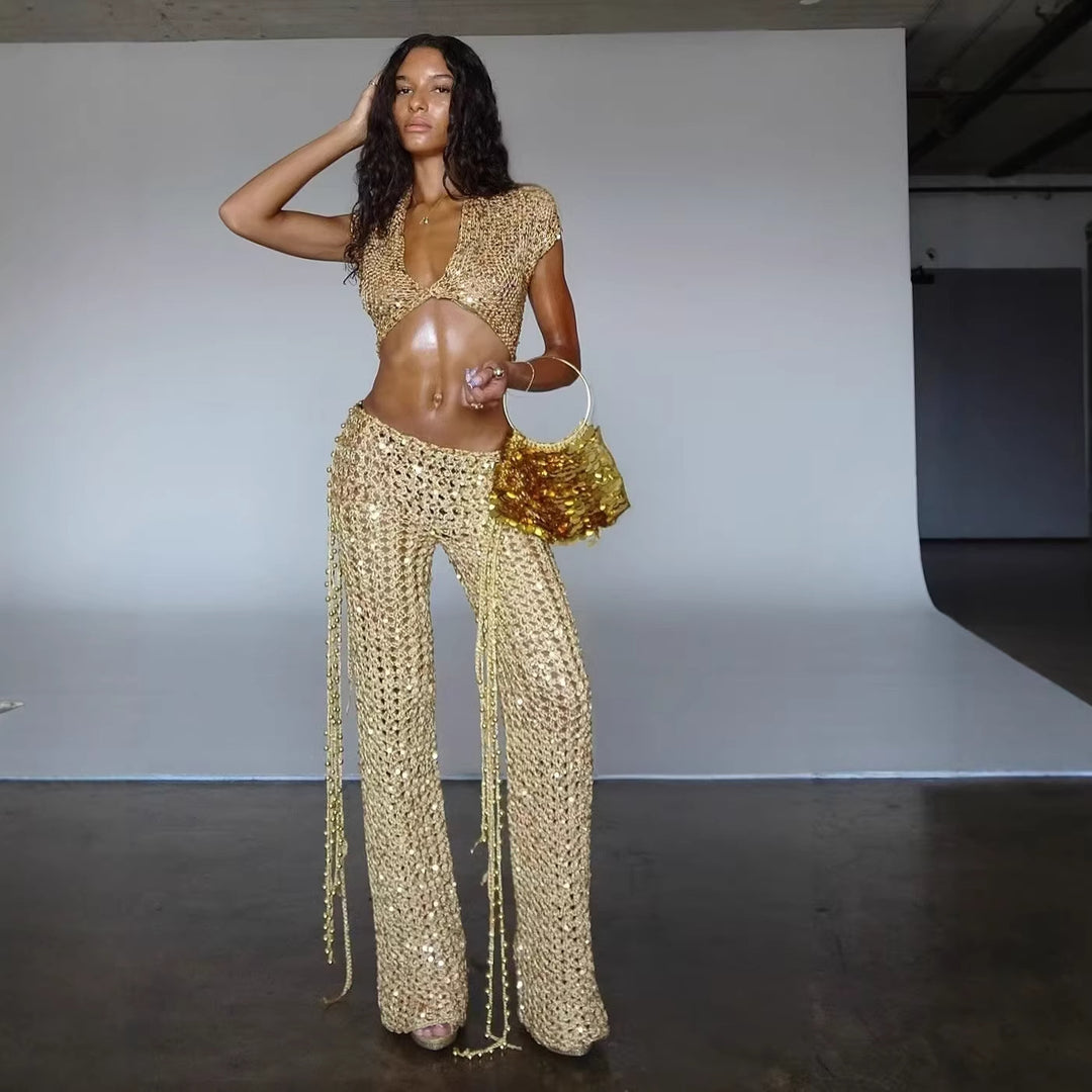 Damen Glitzerndes Festival-Outfit mit kurzem Rock und Bandeau-Oberteil R&B