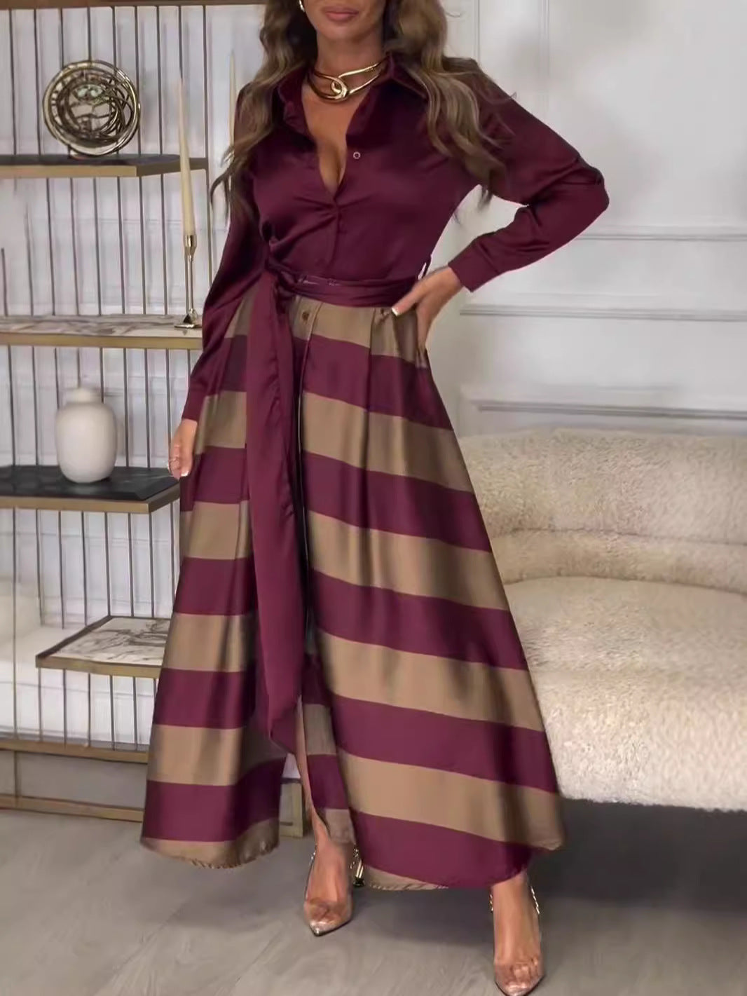 Damen Hemdblusenkleid im stylischen Streifenlook mit schickem Gürtel R&B