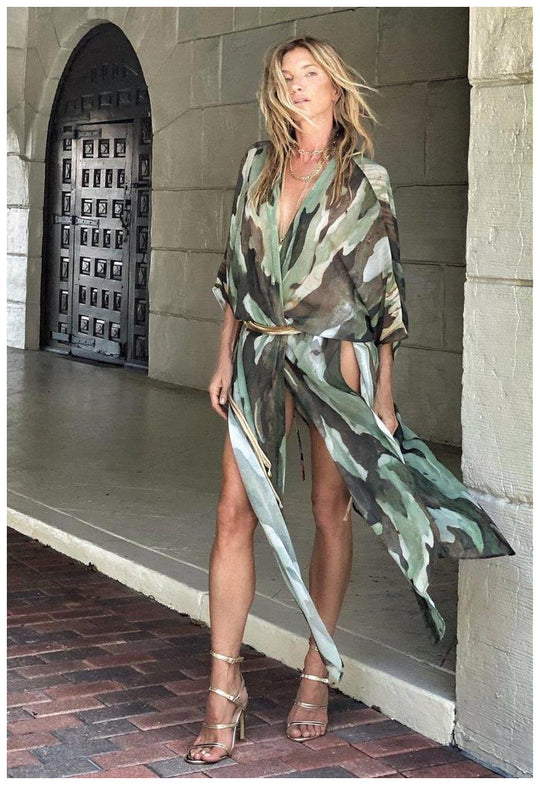 Damen elegantes Kaftan-Kleid mit einzigartigem Camouflage-Design und Taillengürtel R&B