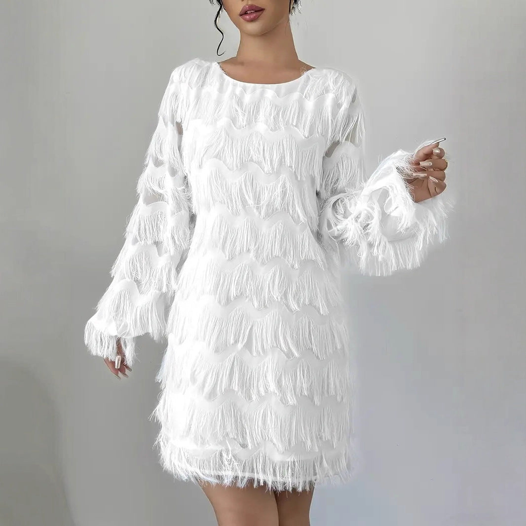Damen Kleid mit Wellenmuster und voluminösen Fransen R&B