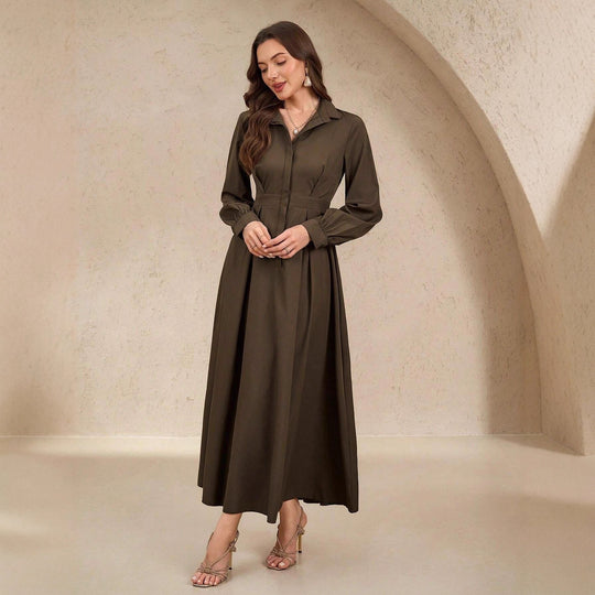 Damen Elegantes Hemdblusenkleid mit schwingendem Rock und praktischen Taschen R&B