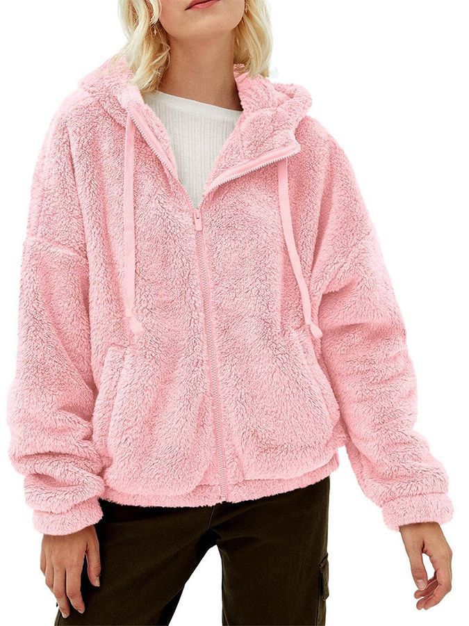 Damen Flauschige Plüschjacke mit Kapuze und Frontreißverschluss R&B