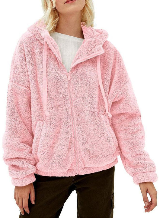 Damen Flauschige Plüschjacke mit Kapuze und Frontreißverschluss R&B