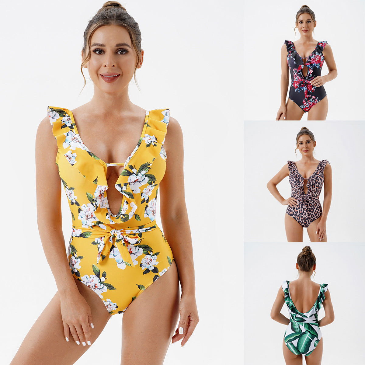Damen Einteiliger Badeanzug mit verspieltem Rüschendesign R&B
