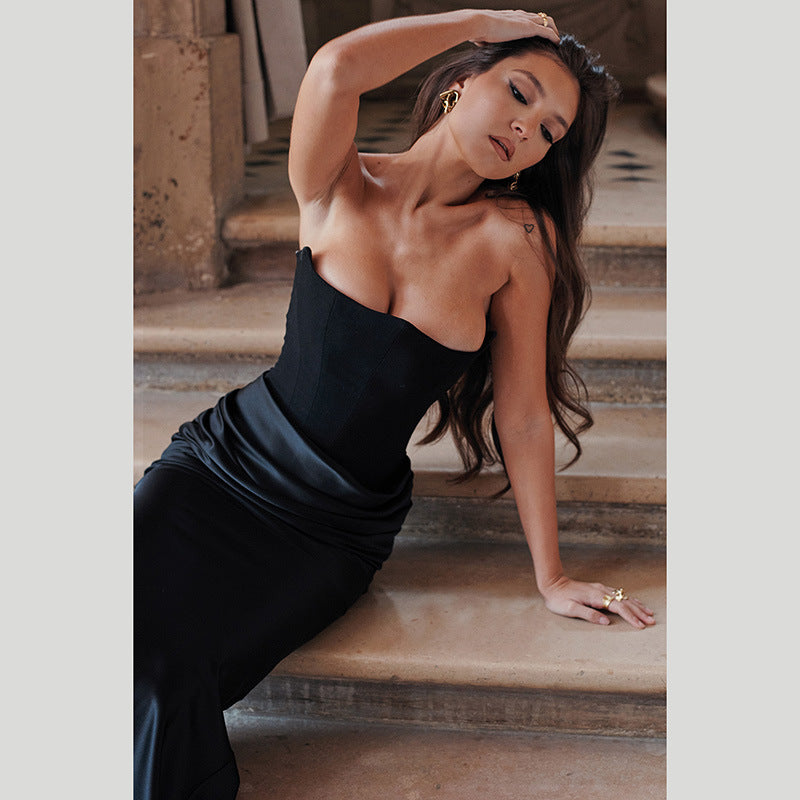 Damen Elegantes Bustier-Maxikleid mit asymmetrischer Drapierung und schickem Schlitz R&B