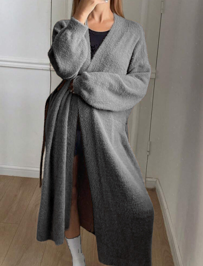 Damen Langer, flauschiger Cardigan mit Bindegürtel und V-Ausschnitt R&B