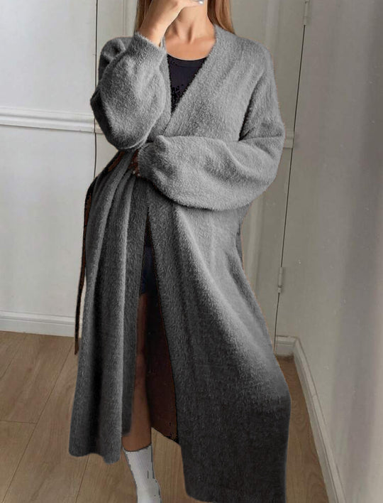 Damen Langer, flauschiger Cardigan mit Bindegürtel und V-Ausschnitt R&B