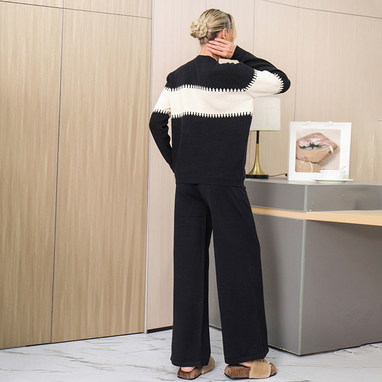 Damen gemütliches Strick-Loungewear-Set mit elegantem Strukturmuster und weitem Bein R&B