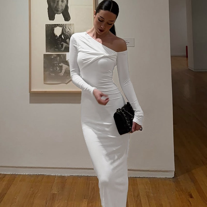 Damen Elegantes langärmliges Kleid mit asymmetrischem Ausschnitt R&B