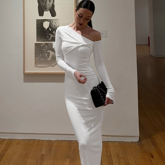 Damen Elegantes langärmliges Kleid mit asymmetrischem Ausschnitt R&B