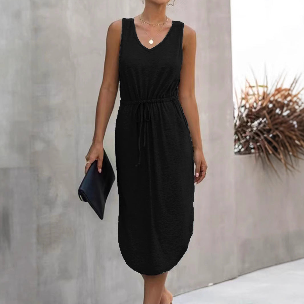 Damen lässiges Maxikleid mit V-Ausschnitt und elastischem Taillenbund R&B