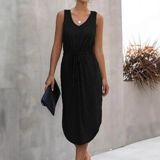 Damen lässiges Maxikleid mit V-Ausschnitt und elastischem Taillenbund R&B