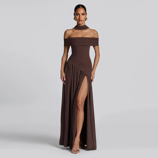 Damen Abendkleid mit schickem Schulterfreies Design und hohem Schlitz R&B